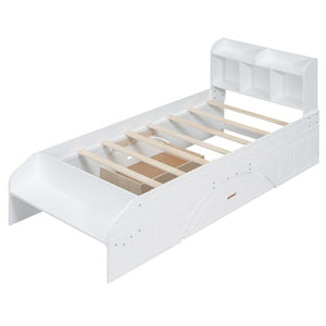 English Elm Wood Twin Platform Bed with Bookcase Headboard Storage Drawers Cottage Pine Frame WF313560AAK