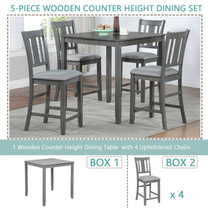 English Elm 5 Piece Counter-Height Dining Set - Modern Farmhouse Square Table & 4 Upholstered Chairs, Gray W1998S00031