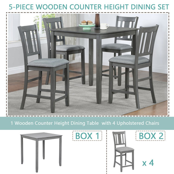 English Elm 5 Piece Counter-Height Dining Set - Modern Farmhouse Square Table & 4 Upholstered Chairs, Gray W1998S00031