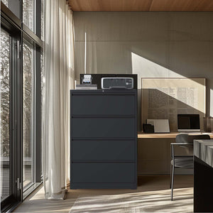 English Elm Lateral File Cabinet 4 Drawer – Lockable Black Metal Storage For Secure Home/Office Organization T2398P154450