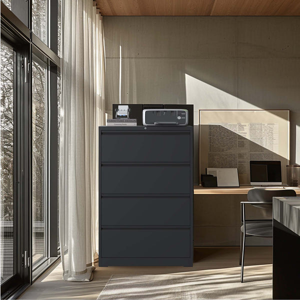 English Elm Lateral File Cabinet 4 Drawer – Lockable Black Metal Storage For Secure Home/Office Organization T2398P154450
