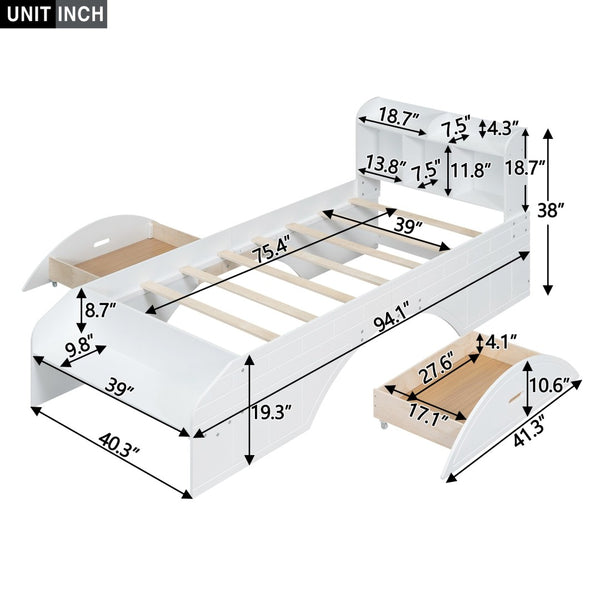 English Elm Wood Twin Platform Bed with Bookcase Headboard Storage Drawers Cottage Pine Frame WF313560AAK