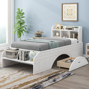 English Elm Wood Twin Platform Bed with Bookcase Headboard Storage Drawers Cottage Pine Frame WF313560AAK