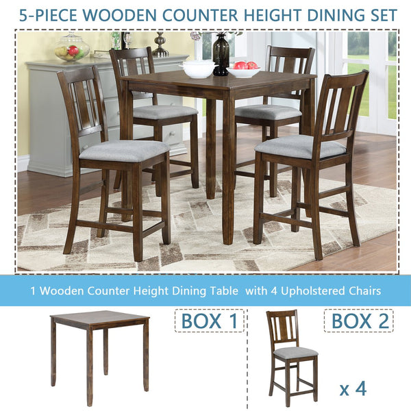 English Elm 5 Piece Dining Table Set - Stylish Counter Height Square Table & 4 Upholstered Chairs For Small Spaces W1998S00035