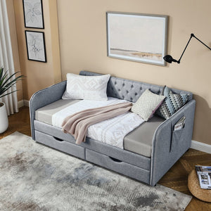 English Elm Twin Size Upholstery Daybed With Trundle, Storage Drawers & Pocket - Stylish, Space-Saving Solution! W1413S00023-GIGA