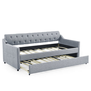 English Elm Twin Size Upholstered Daybed With Erectable Trundle, Usb Charging & Modern Linen Grey Design W1413S00026-GIGA