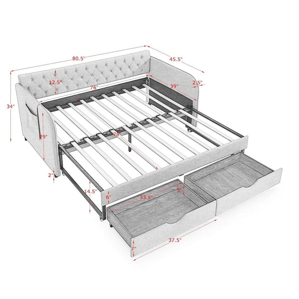 English Elm Twin Size Upholstered Daybed With Trundle, Two Storage Drawers, Modern Linen Beige Design For Any Room W1413S00024-GIGA