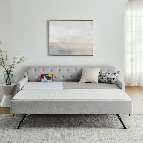 English Elm Twin Size Upholstery Daybed With Erectable Trundle And Usb Charging - Modern, Stylish, Space-Saving Solution W1413S00027-GIGA