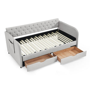 English Elm Twin Size Upholstered Daybed With Trundle, Two Storage Drawers, Modern Linen Beige Design For Any Room W1413S00024-GIGA