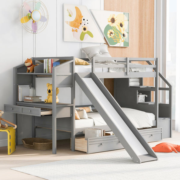 English Elm Twin Twin Bunk Bed with Staircase Storage, Slide, Built-In Desk, Drawers & Shelves — Safe Stylish Gray SM001811AAE