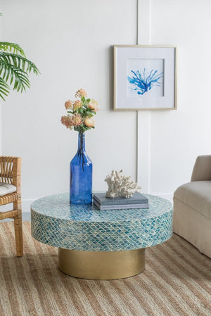 English Elm 35x35x16" Capiz Shell Mosaic Round Coffee Table with Iridescent Top Gold Pedestal W2078P154261
