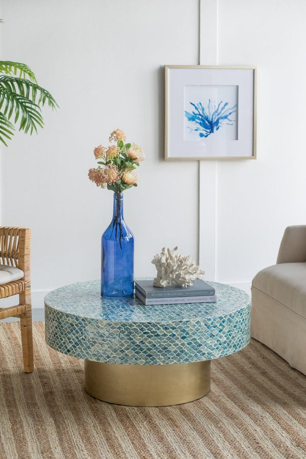 English Elm 35x35x16" Capiz Shell Mosaic Round Coffee Table with Iridescent Top Gold Pedestal W2078P154261