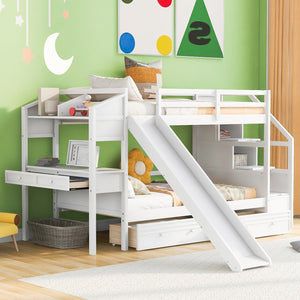 English Elm Twin Twin Bunk Bed with Staircase Storage, Slide, Built-In Desk, Drawers & Shelves — Safe Stylish White SM001811AAK