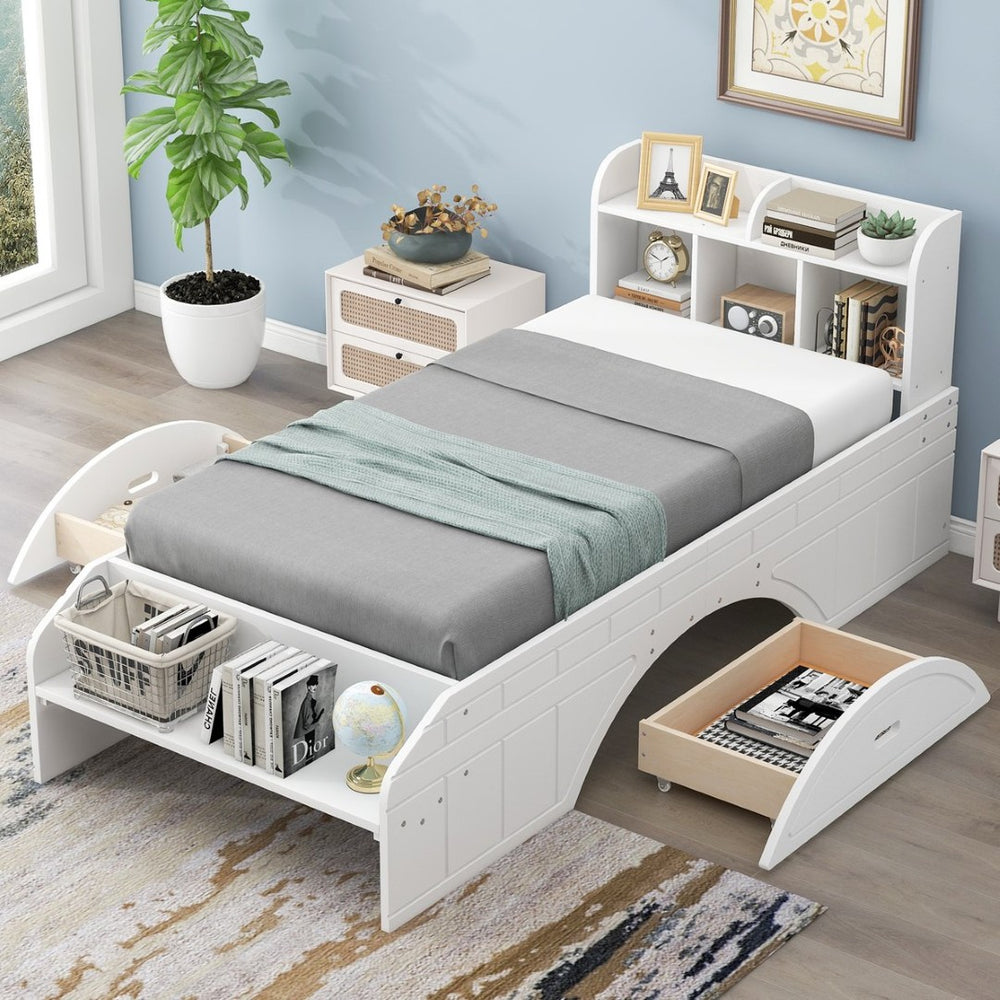 English Elm Wood Twin Platform Bed with Bookcase Headboard Storage Drawers Cottage Pine Frame WF313560AAK