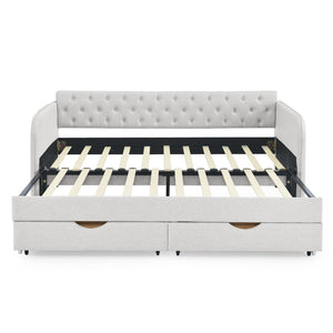 English Elm Twin Size Upholstered Daybed With Trundle, Two Storage Drawers, Modern Linen Beige Design For Any Room W1413S00024-GIGA