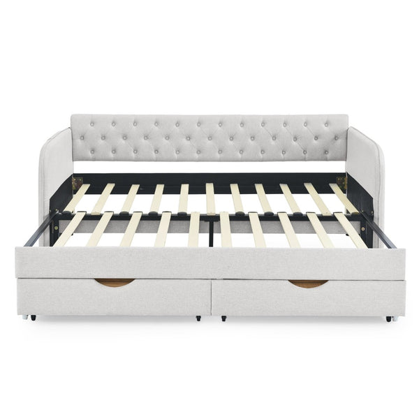 English Elm Twin Size Upholstered Daybed With Trundle, Two Storage Drawers, Modern Linen Beige Design For Any Room W1413S00024-GIGA
