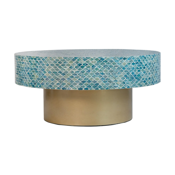 English Elm 35x35x16" Capiz Shell Mosaic Round Coffee Table with Iridescent Top Gold Pedestal W2078P154261