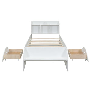 English Elm Wood Twin Platform Bed with Bookcase Headboard Storage Drawers Cottage Pine Frame WF313560AAK