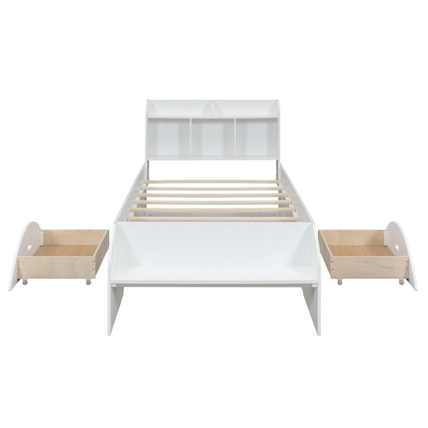 English Elm Wood Twin Platform Bed with Bookcase Headboard Storage Drawers Cottage Pine Frame WF313560AAK