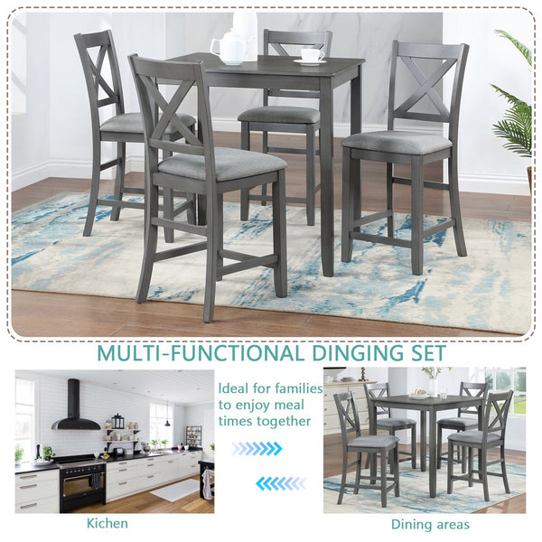 English Elm 5 Piece Dining Table Set - Modern Counter Height Square Table & 4 Upholstered Chairs For Small Spaces W1998S00028