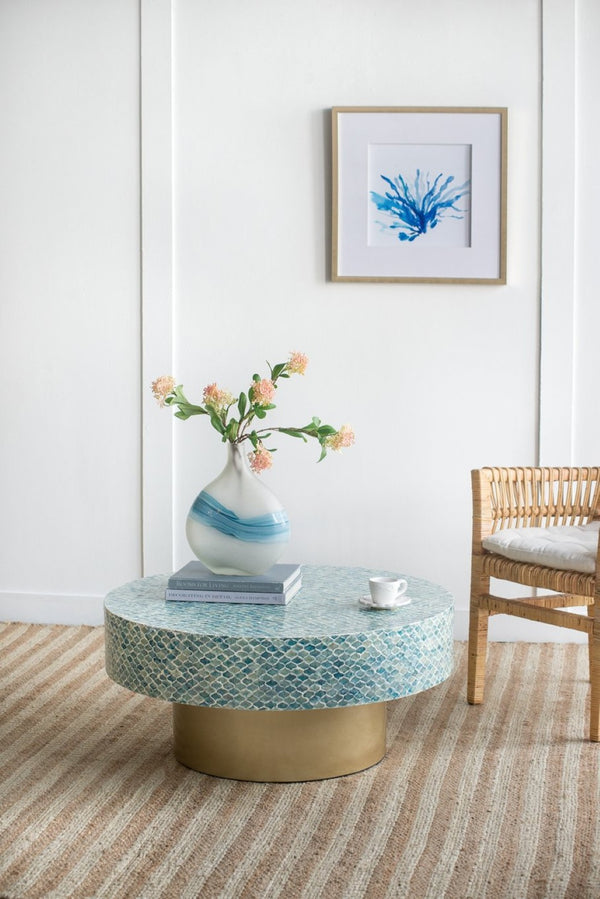 English Elm 35x35x16" Capiz Shell Mosaic Round Coffee Table with Iridescent Top Gold Pedestal W2078P154261