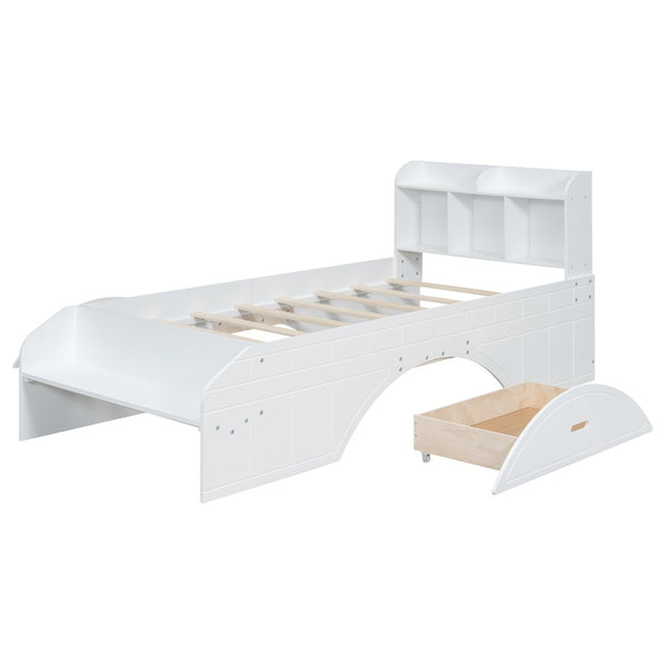 English Elm Wood Twin Platform Bed with Bookcase Headboard Storage Drawers Cottage Pine Frame WF313560AAK