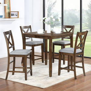 English Elm 5 Piece Dining Table Set - Stylish Counter Height Square Table With 4 Upholstered Chairs For Small Spaces W1998S00032