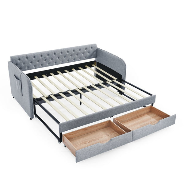 English Elm Twin Size Upholstery Daybed With Trundle, Storage Drawers & Pocket - Stylish, Space-Saving Solution! W1413S00023-GIGA