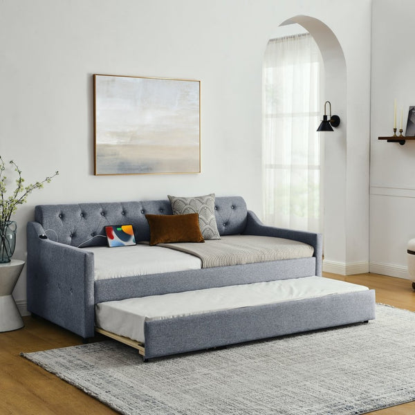 English Elm Twin Size Upholstered Daybed With Erectable Trundle, Usb Charging & Modern Linen Grey Design W1413S00026-GIGA