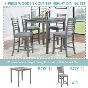 English Elm 5 Piece Dining Table Set - Modern Counter Height Square Table With 4 Upholstered Chairs, Gray Finish W1998S00029