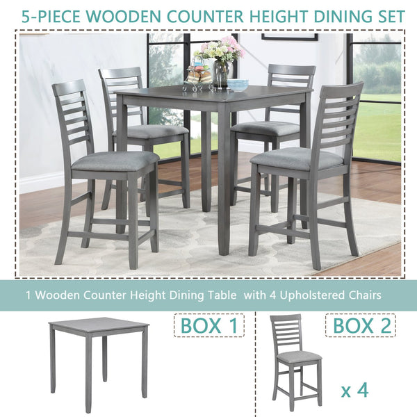 English Elm 5 Piece Dining Table Set - Modern Counter Height Square Table With 4 Upholstered Chairs, Gray Finish W1998S00029