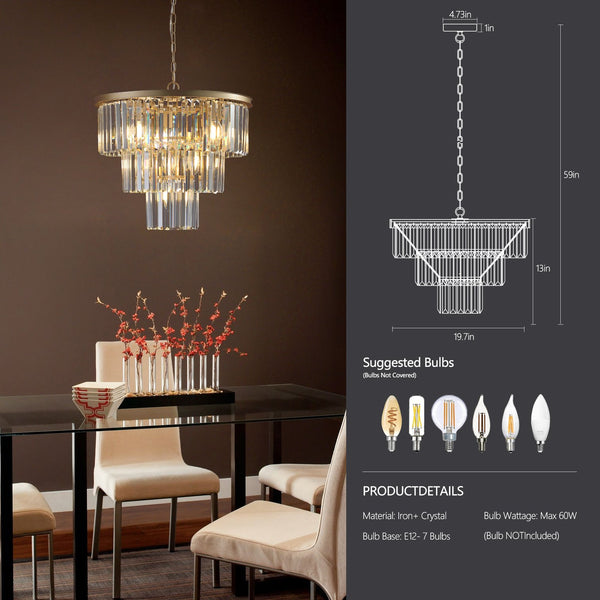 English Elm 20" Modern Crystal Chandelier Gold Finish — 7-Light 3-Tier K9 Crystal Pendant, Adjustable Height, Luxe Ambience W1340P143192