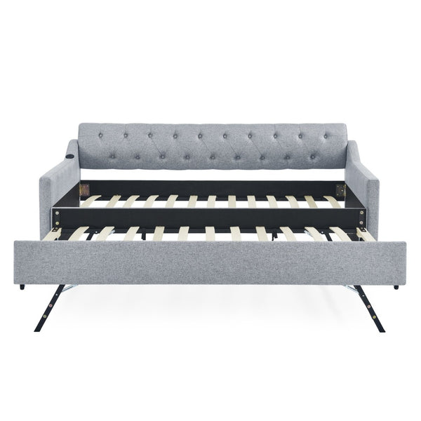 English Elm Twin Size Upholstered Daybed With Erectable Trundle, Usb Charging & Modern Linen Grey Design W1413S00026-GIGA