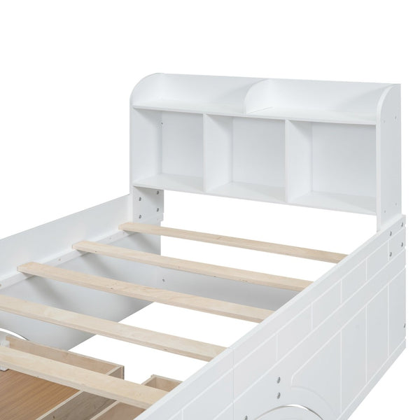 English Elm Wood Twin Platform Bed with Bookcase Headboard Storage Drawers Cottage Pine Frame WF313560AAK