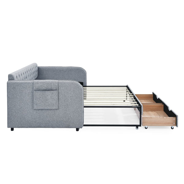 English Elm Twin Size Upholstery Daybed With Trundle, Storage Drawers & Pocket - Stylish, Space-Saving Solution! W1413S00023-GIGA