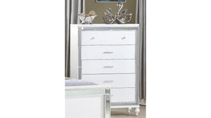 English Elm Sterling 5-Drawer White Wood Chest with Mirror Frame, Metallic Finish, Sleek Handles, Stylish Legs G150108472