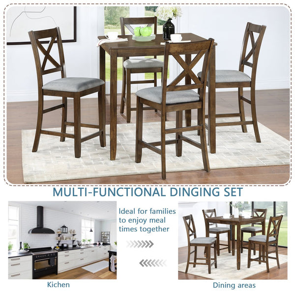 English Elm 5 Piece Dining Table Set - Stylish Counter Height Square Table With 4 Upholstered Chairs For Small Spaces W1998S00032