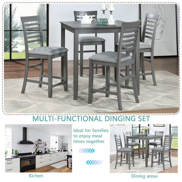 English Elm 5 Piece Dining Table Set - Modern Counter Height Square Table With 4 Upholstered Chairs, Gray Finish W1998S00029