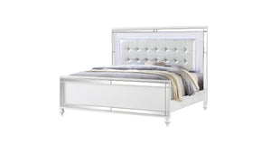English Elm Sterling King Upholstered LED Bed White with Crystal Tufted Headboard, Mirror Front Glam Design B009S01818