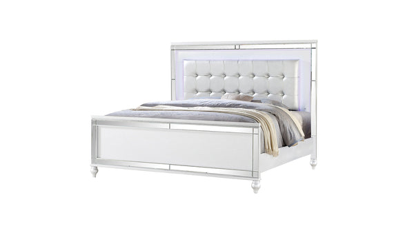 English Elm Sterling King Upholstered LED Bed White with Crystal Tufted Headboard, Mirror Front Glam Design B009S01818