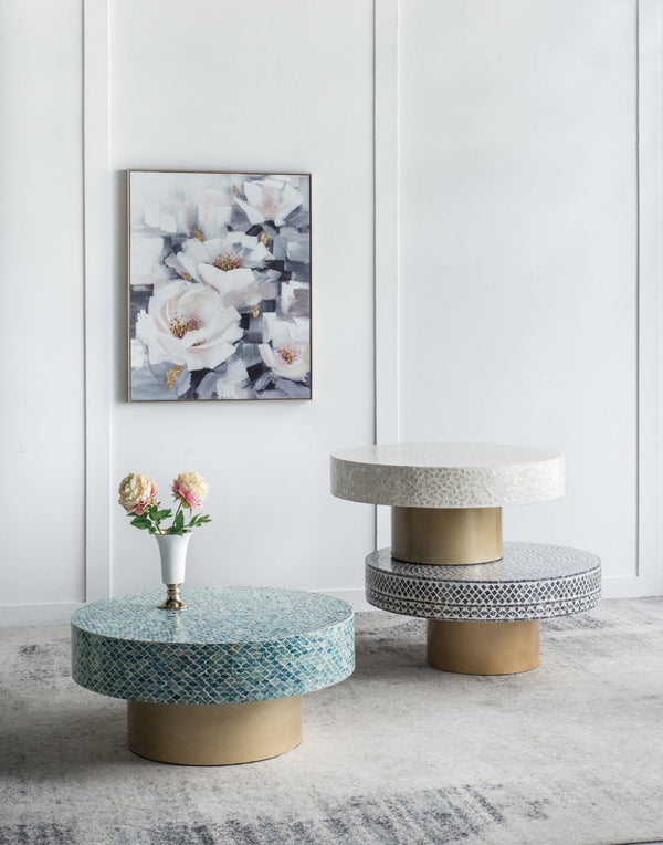 English Elm 35x35x16" Capiz Shell Square Coffee Table with Gold Pedestal Base for Bohemian Living W2078P154259