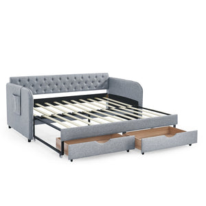 English Elm Twin Size Upholstery Daybed With Trundle, Storage Drawers & Pocket - Stylish, Space-Saving Solution! W1413S00023-GIGA