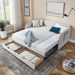 English Elm Twin Size Upholstered Daybed With Trundle, Two Storage Drawers, Modern Linen Beige Design For Any Room W1413S00024-GIGA
