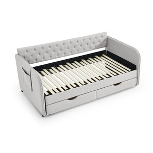 English Elm Twin Size Upholstered Daybed With Trundle, Two Storage Drawers, Modern Linen Beige Design For Any Room W1413S00024-GIGA