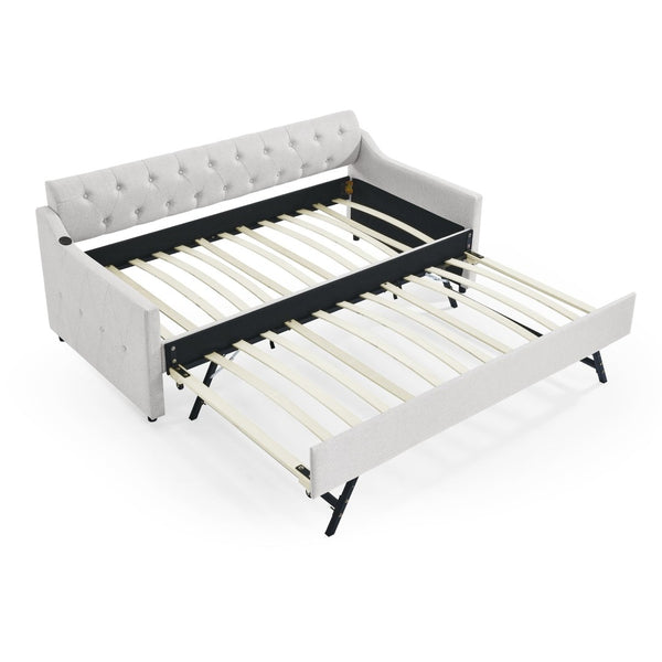 English Elm Twin Size Upholstery Daybed With Erectable Trundle And Usb Charging - Modern, Stylish, Space-Saving Solution W1413S00027-GIGA