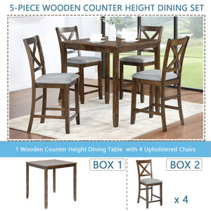 English Elm 5 Piece Dining Table Set - Stylish Counter Height Square Table With 4 Upholstered Chairs For Small Spaces W1998S00032