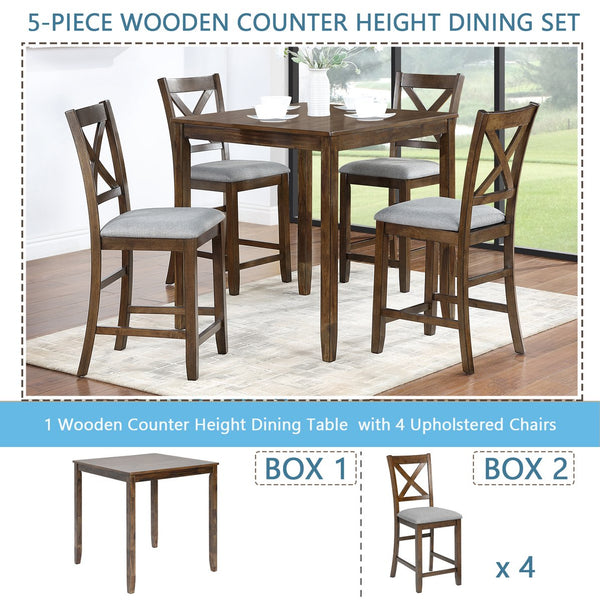 English Elm 5 Piece Dining Table Set - Stylish Counter Height Square Table With 4 Upholstered Chairs For Small Spaces W1998S00032