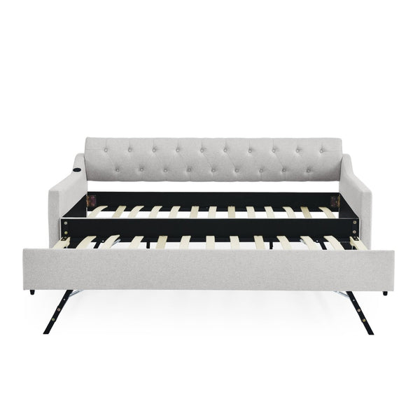 English Elm Twin Size Upholstery Daybed With Erectable Trundle And Usb Charging - Modern, Stylish, Space-Saving Solution W1413S00027-GIGA