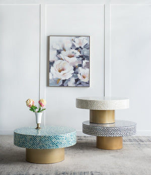 English Elm 35x35x16" Capiz Shell Inlay Square Coffee Table with Iridescent Vine Top Gold Base W2078P154260