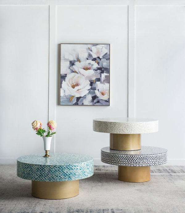 English Elm 35x35x16" Capiz Shell Inlay Square Coffee Table with Iridescent Vine Top Gold Base W2078P154260